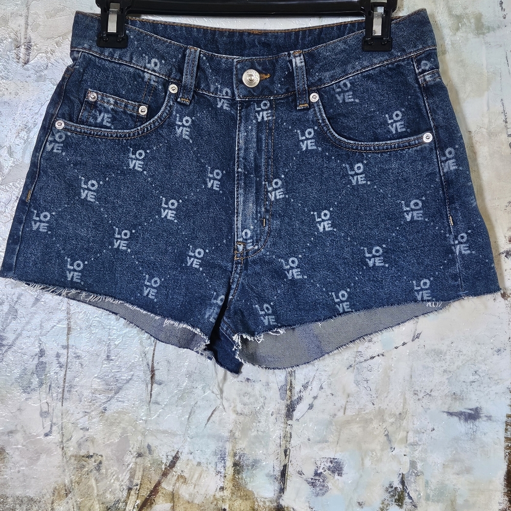 H&M Dark Blue Cutoff Shorts with Allover Print High-waist Fit Sz.6/EU 36